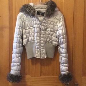 Silver Gray Puffer Jacket with Fur Trim